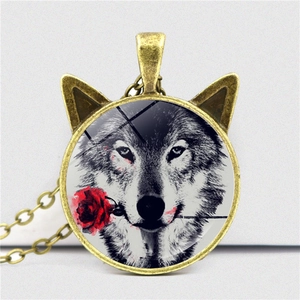 Wolf Rose Anhänger Halskette Zinklegierung Glas Katzenohr Rahmen Vintage Gothic Punk Schmuck Für Damen Herren