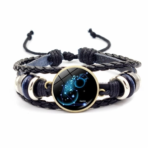 Bracelet En Cuir Tressé 12 Signes Du Zodiaque Constellation Multicouche Cabochon En Verre Bijoux Punk Rétro Hommes Femmes
