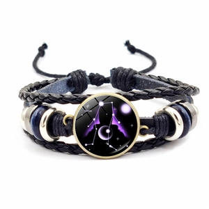 Bracelet multicouche en cuir avec signe du zodiaque Gémeaux et dôme en verre fait main