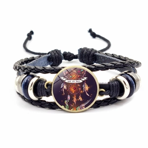 Braided PU Leather Multilayer Bracelet Dreamcatcher Wolf Totem Glass Cabochon Adjustable Rope Bohemian Ethnic Jewelry