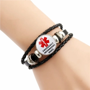 Handwoven leather medical alert bracelet for diabetics with Star of Life charm
