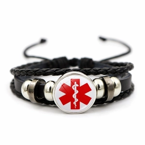 Handmade leather medical alert bracelet for diabetics with red Star of Life glass charm