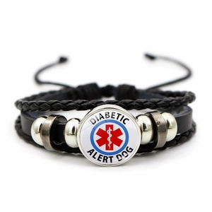 Medical Alert Bracelet Woven Leather Alloy Glass Diabetic Emergency ID Multilayer Handmade Jewelry For Men Women