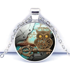 Steampunk Owl Key Necklace Retro Industrial Style Zinc Alloy Glass Cabochon Pendant Jewelry For Men Women