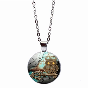 Vintage steampunk owl time gem necklace with detailed bronze owl and key art pendant