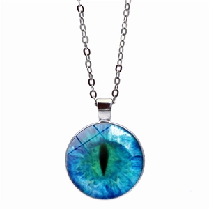 Blue and green evil eye glass pendant necklace with silver chain on white background