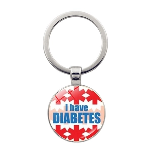 Détail du porte-clés d'alerte médicale argenté avec pendentif dôme I have DIABETES
