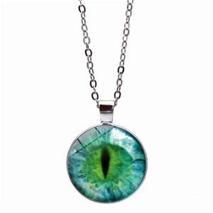 Green dragon eye glass pendant necklace with silver chain on white background