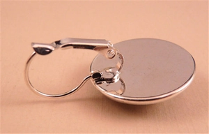 Silver-plated lever-back earring base with flat round setting for DIY jewelry design