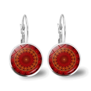 Orecchini Pendenti Vintage Mandala Fiore Vetro Cabochon Bronzo Antico Argento Lega Chiusura a Leva Orecchini Per Donna Gioielli Stile Etnico Boemo