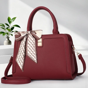 Burgundy lychee grain leather tote bag with silk scarf and gold metal hardware