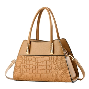 Brown crocodile embossed tote bag with dual texture design and golden metal hardware