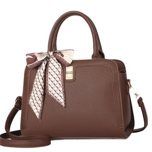 Dark brown lychee pattern tote bag with scarf and gold lock, front view on white background