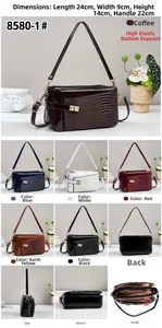 Detail view of stylish crossbody bag showing dimensions and six color options available