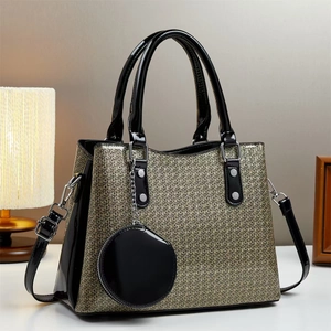 Women's black glitter woven handbag with patent leather handles and round coin purse