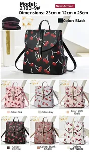 Detail view of cherry print backpacks in seven colors showing 23x12x25cm size and leather texture