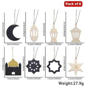 Set of 8 Eid Mubarak wooden and black felt pendants with twine for festive decoration