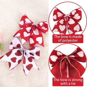 Close-up of heart print burlap bows featuring durable polyester fabric and rustic jute tie