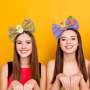 Close-up of Easter sequin bow headbands with cartoon chick and carrot charms on models