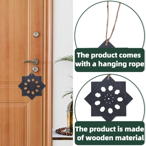 Eid wooden star ornament with geometric hollow design and natural hemp rope for hanging
