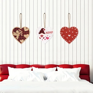 Three-piece Valentine's Day heart wooden signs with buffalo plaid and gnome patterns