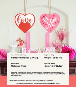 Detailed view of heart-shaped wooden Valentine signs with Love and Be Mine text