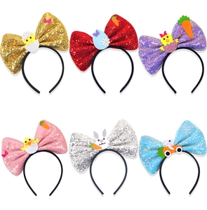 Set of 6 Easter sequin bow headbands with cute chick, egg and bunny character charms