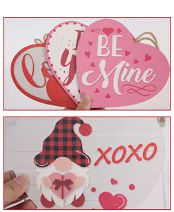 Detail of Valentine wood heart tag with XOXO text and gnome print with jute rope