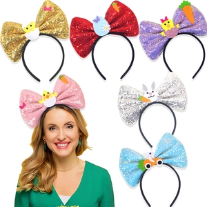 Easter Sequin Bow Headband Cartoon Bunny Chick Egg Carrot Headpiece Festive Party Hair Accessories For Kids Women