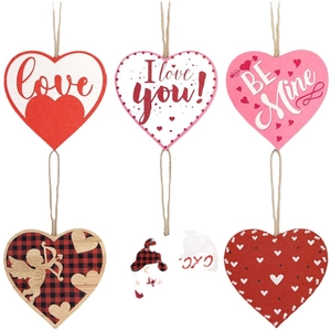 6-piece wooden heart hanging ornaments for Valentine's Day party decor with jute rope