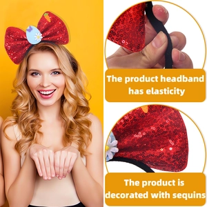 Easter headband with red sequin bow featuring festive eggs and carrot decorations