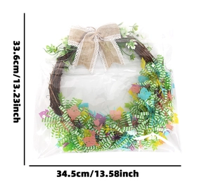 Easter wreath dimensions detail with burlap bow, grass tassels and colorful egg ornaments