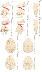 Detailed view of DIY Easter wooden rabbit and egg pendants with natural jute ropes