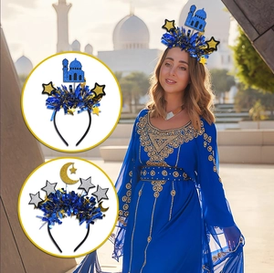 Details der Eid-Fest-Haarbänder mit Goldmond und blauem Moschee-Silhouette-Dekor
