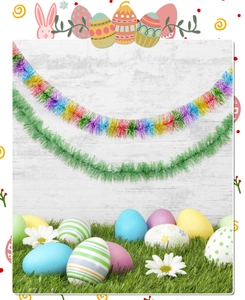 Close-up of fluffy 2m Easter tinsel garland with colorful eggs and daisies for party decor
