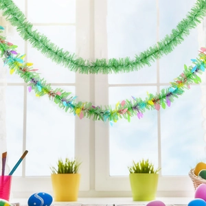 2m Easter tinsel garland with colorful egg accents and green leaves for party decoration