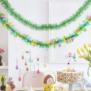 Detail of 2M Easter tinsel garland with colorful leaves hung on a wall for party decor