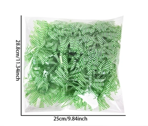 Detail of green and white striped gift basket filler shredded paper with size dimensions