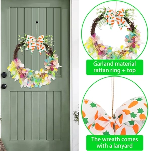 Couronne de Pâques lapin avec anneau en rotin naturel et nœud motif carotte pour porte