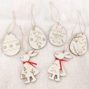 Lot de 6 ornements de Pâques en bois DIY avec lapins et œufs sur fond en molleton blanc