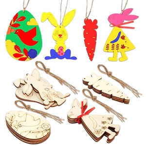 Easter Wooden DIY Ornaments Bunny Egg Carrot Pendant For Kids Graffiti Hand-painted Home Decoration Crafts Wood Tags With Twine
