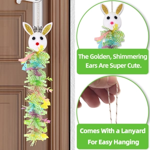 Decorazione a forma di coniglio pasquale con nastri colorati e orecchie dorate lucide