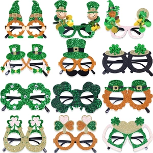 Set of 12 St. Patrick's Day party glasses with green shamrock and leprechaun hat designs