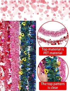 Detail of 2M PET Valentine heart tinsel garland with vibrant red and pink color patterns