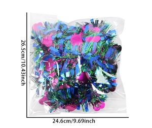 Detail showing the 26.5cm by 24.6cm package dimensions of heart sequin tinsel garland