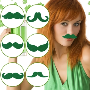 Green St. Patrick's Day mustache party prop set with six diverse self-adhesive styles