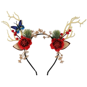 Christmas Reindeer Antler Headband Red Sequin Flower Pine Needle Butterfly Forest Style Holiday Party Hair Accessories