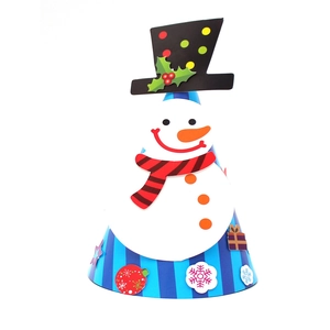 DIY Christmas paper party hat for kids with 3D snowman on blue striped background