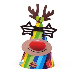 DIY Christmas reindeer paper party hat with colorful stripes and festive deer antlers