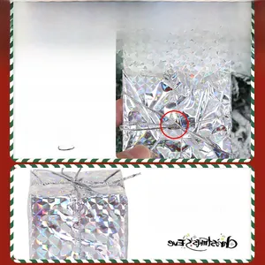 Macro detail of silver laser foam Christmas gift box ornament with reflective surface